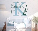 Sticker mural initial et nom avec guitare et notes de musique